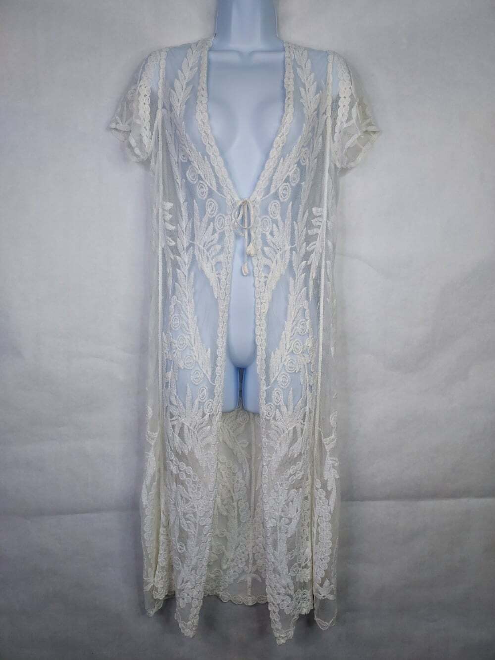 Woven Heart Lace Maxi Duster Women S White Sheer Floral Embroidery Boho Cover Up
